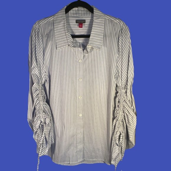 💰 5 FOR $40 / VINCE CAMUTO WHITE & BLUE PINSTRIPED RUCHED SLEEVES (SZ L) (EUC) - Picture 4 of 6